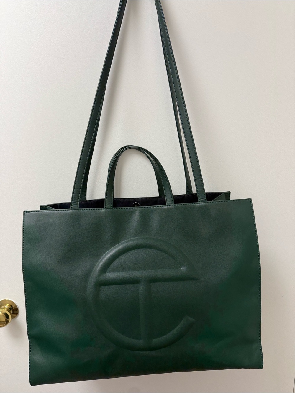 Telfar Dark Green Leather Shopping Tote with Embossed Logo